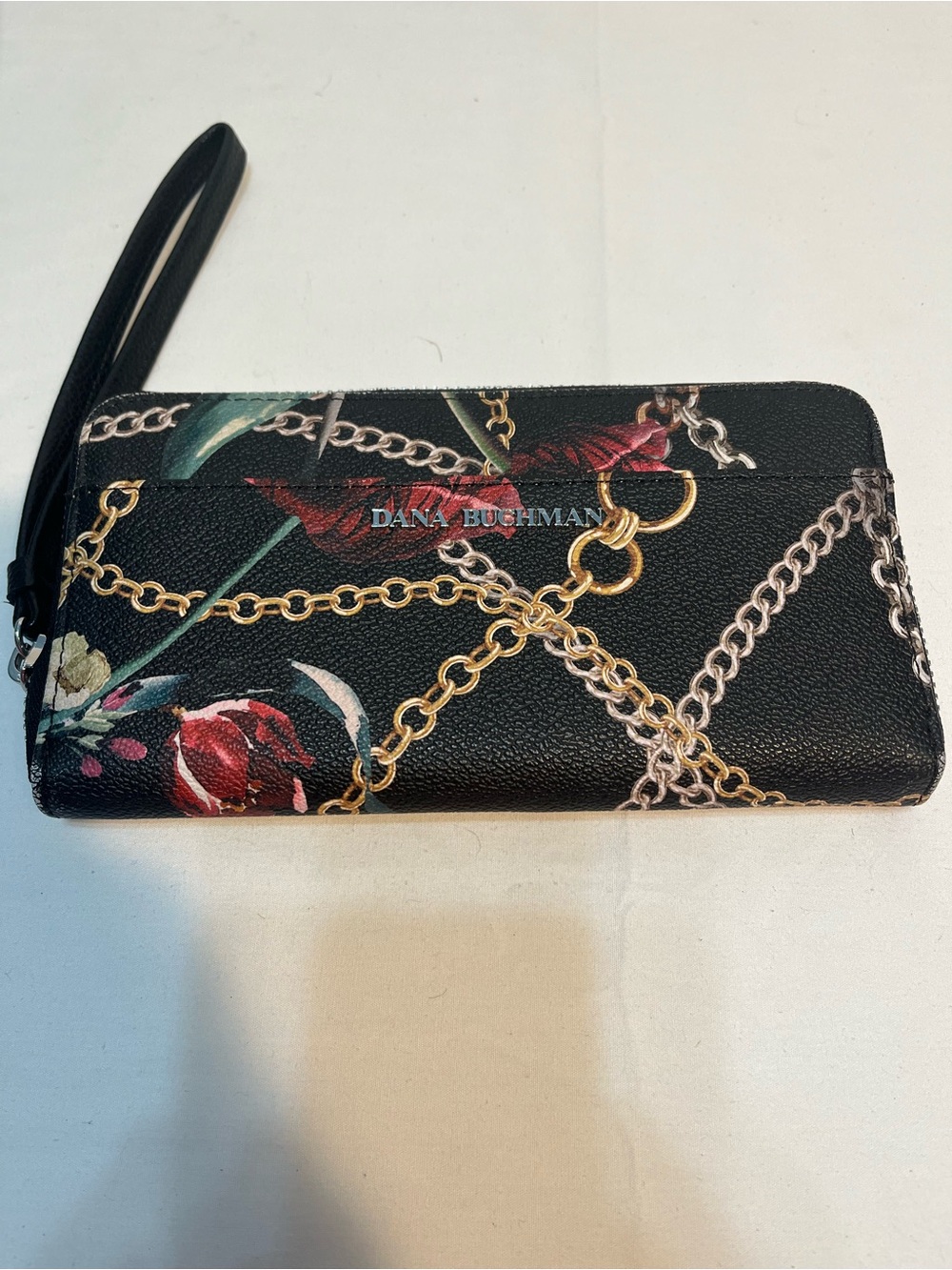 Dana Buchman Black Floral & Gold Chain Wristlet Wallet